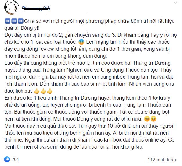 Review về bài thuốc Thăng trĩ Dưỡng huyết thang trên mạng xã hội