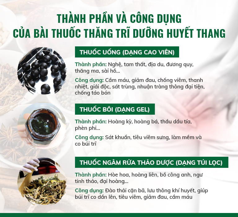 Công dụng của từng bài thuốc trong Thăng trĩ Dưỡng huyết thang