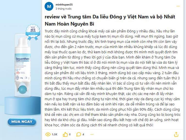 Tài khoản minhhuyen35 chia sẻ về hành trình trị mụn với liệu trình Nhất Nam Hoàn Nguyên Bì